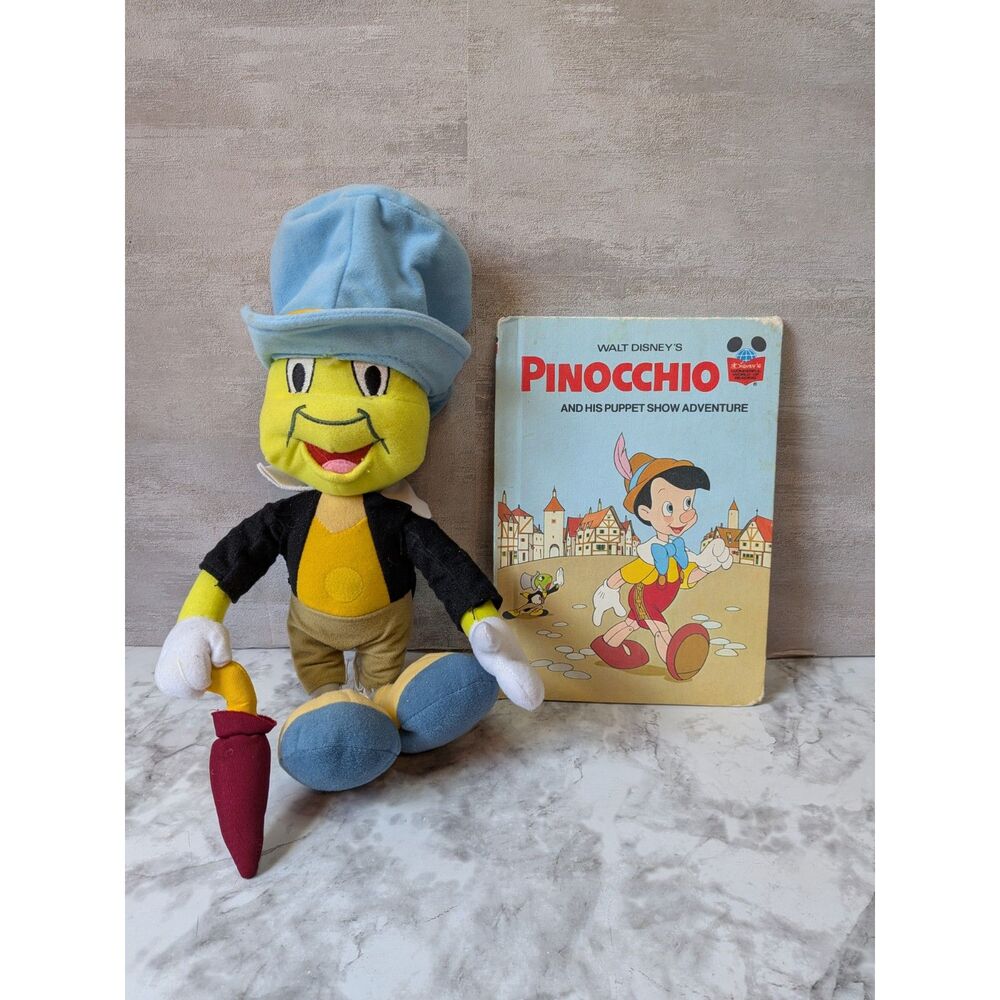 Vintage Disney Jiminy Cricket Plush Pinocchio Hardcover Book Bundle 1980s